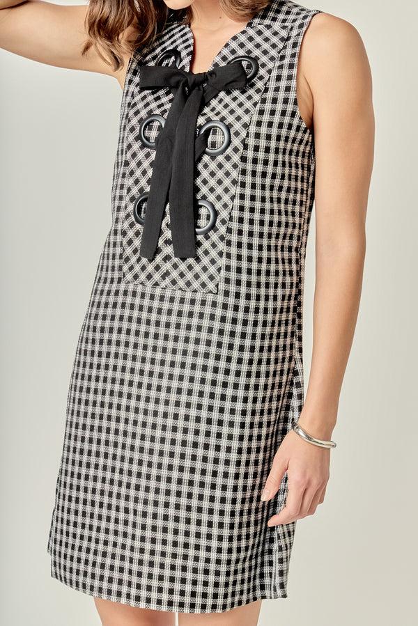 English Factory Check Sleeveless Grommet Mini Dress BLACK