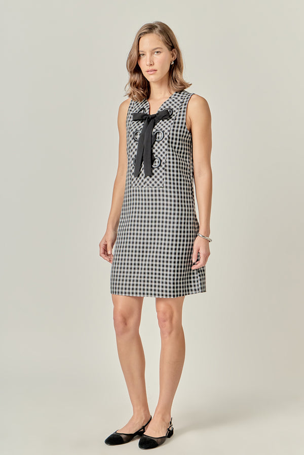 English Factory Check Sleeveless Grommet Mini Dress BLACK