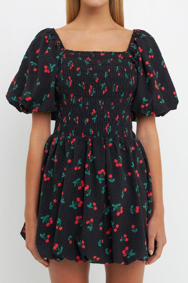 English Factory Cherry Print Smocked Mini Dress BLACK
