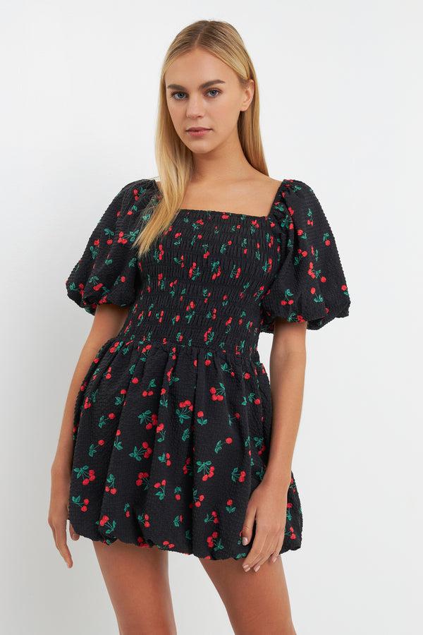 English Factory Cherry Print Smocked Mini Dress BLACK