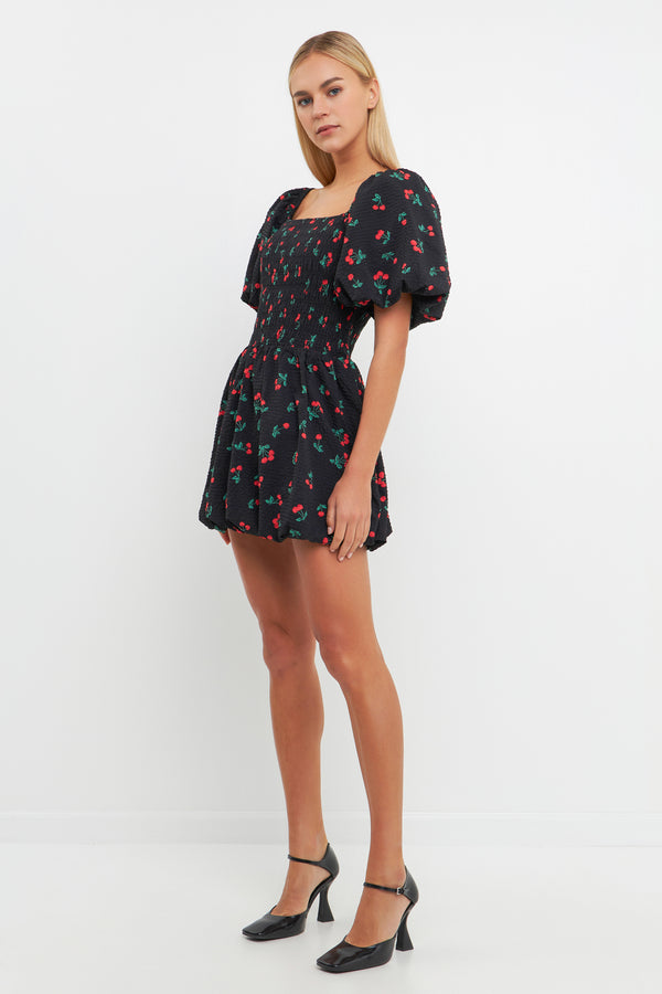 English Factory Cherry Print Smocked Mini Dress BLACK