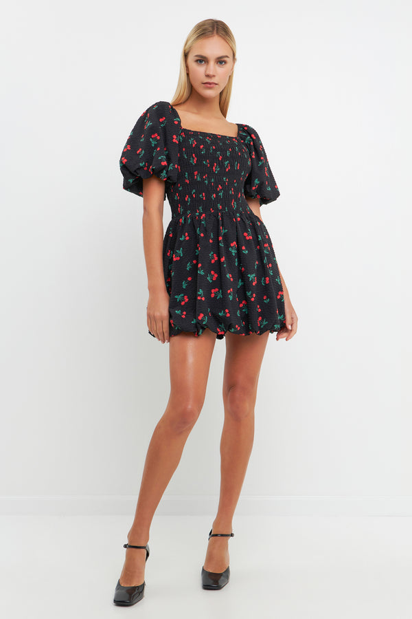english factory Cherry Print Smocked Mini Dress BLACK