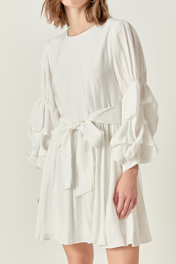 English Factory Cinched Puff Sleeve Belted Dress WHITE