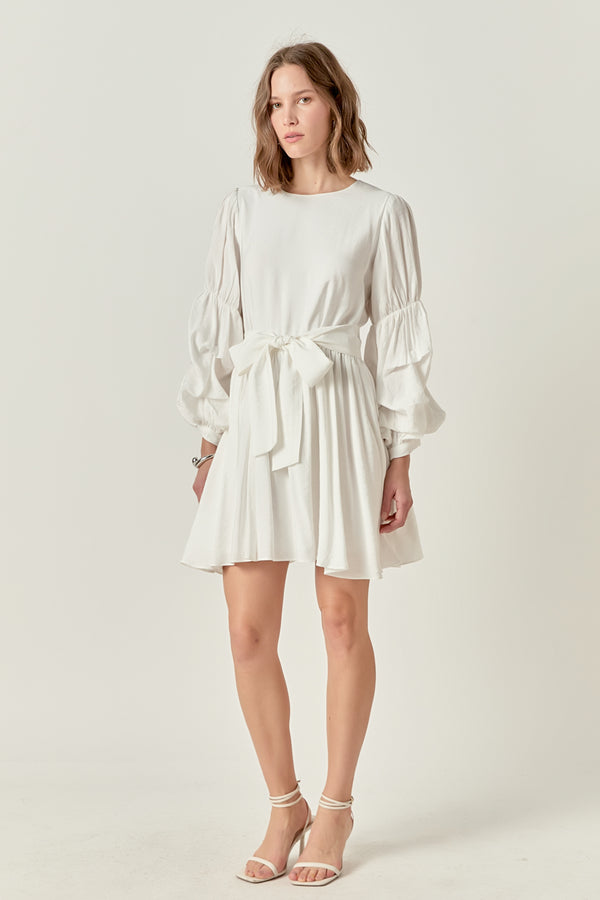 English Factory Cinched Puff Sleeve Belted Dress WHITE
