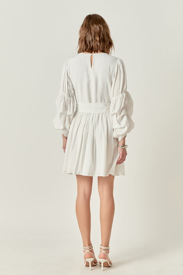 English Factory Cinched Puff Sleeve Belted Dress WHITE
