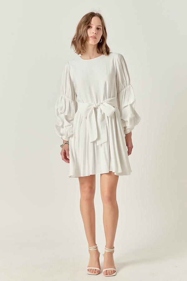 english factory Cinched Puff Sleeve Belted Dress WHITE