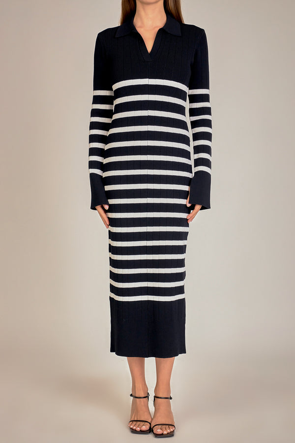 English Factory Collar Knit Midi Dress BLACK/OFF WHITE