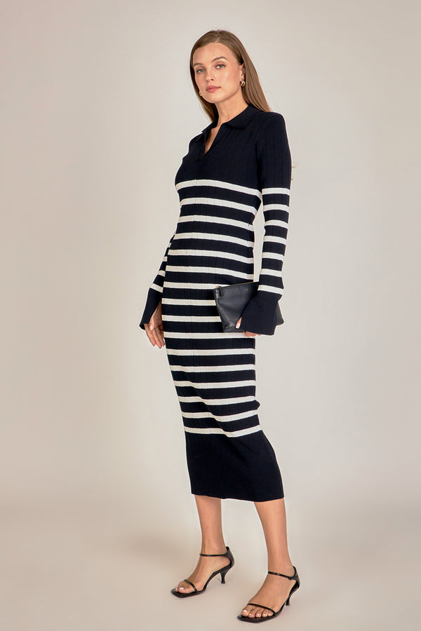English Factory Collar Knit Midi Dress BLACK/OFF WHITE