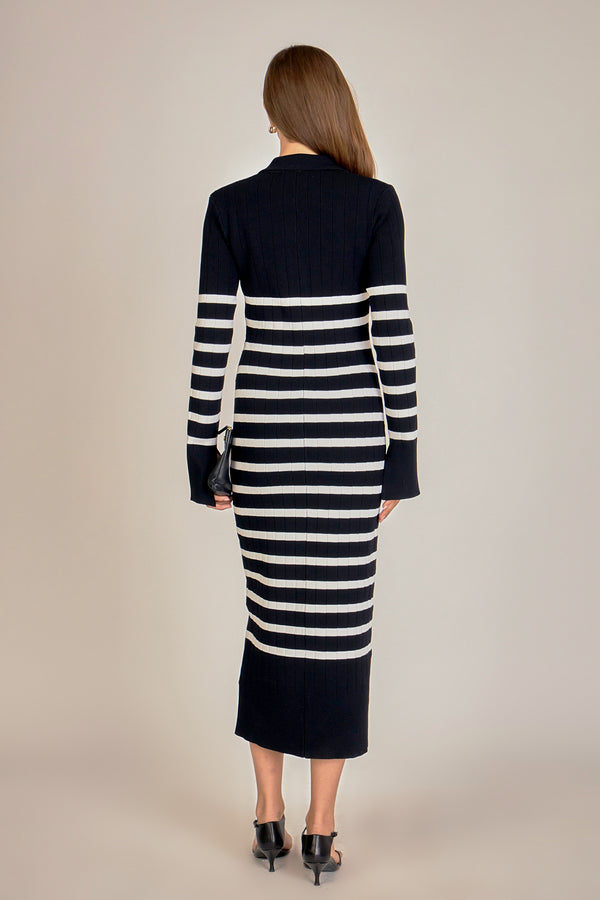English Factory Collar Knit Midi Dress BLACK/OFF WHITE