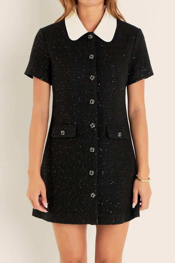 English Factory Collar Pointed Tweed Mini Dress BLACK