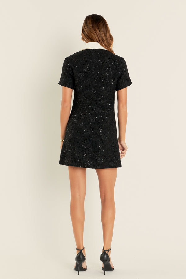English Factory Collar Pointed Tweed Mini Dress BLACK