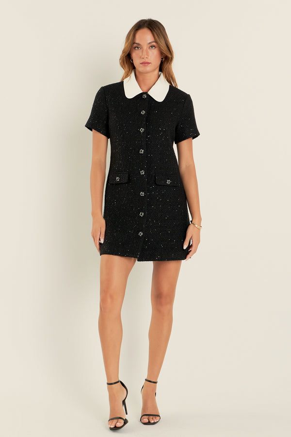 english factory Collar Pointed Tweed Mini Dress BLACK