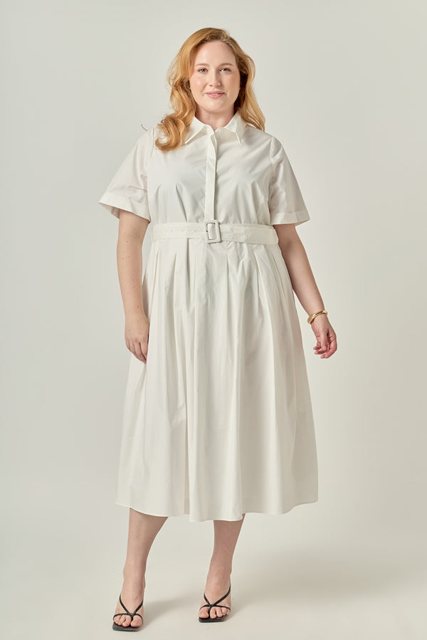 english factory Collared Belted Shirt Midi Dress WHITE