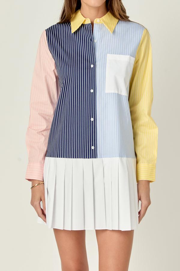 English Factory Color Block Stripe Pleated Mini Dress NAVY MULTI