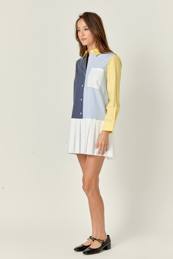 English Factory Color Block Stripe Pleated Mini Dress NAVY MULTI