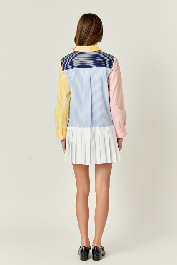 English Factory Color Block Stripe Pleated Mini Dress NAVY MULTI