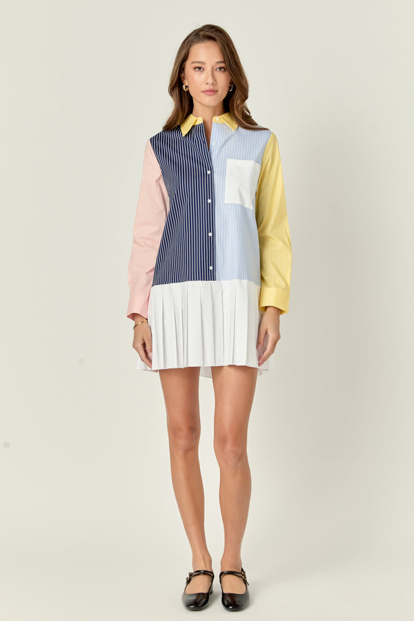 english factory Color Block Stripe Pleated Mini Dress NAVY MULTI