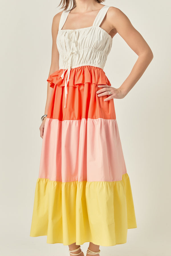 English Factory Color Block Tied Detail Shirring Dress MULTI