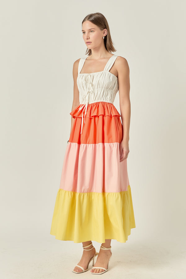 English Factory Color Block Tied Detail Shirring Dress MULTI