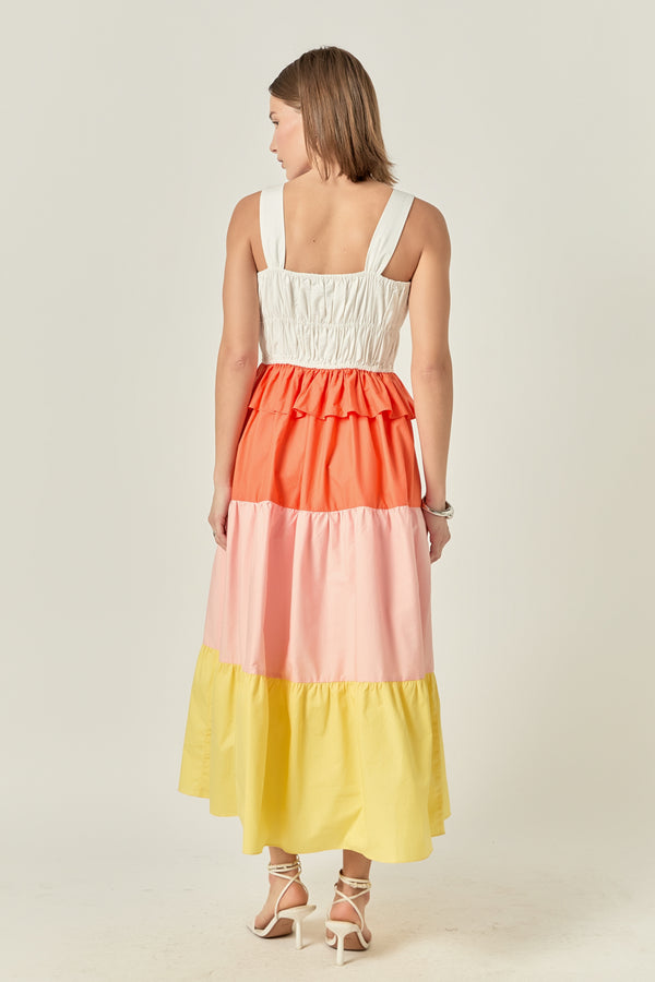 English Factory Color Block Tied Detail Shirring Dress MULTI