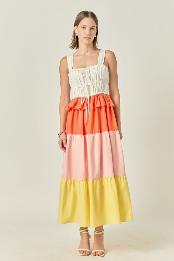 english factory Color Block Tied Detail Shirring Dress MULTI