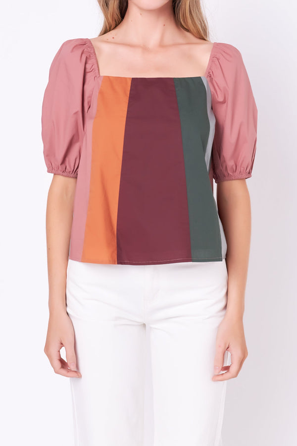 English Factory Color Block Top With 3/4 Sleeves MULTI