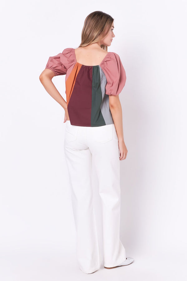 English Factory Color Block Top With 3/4 Sleeves MULTI