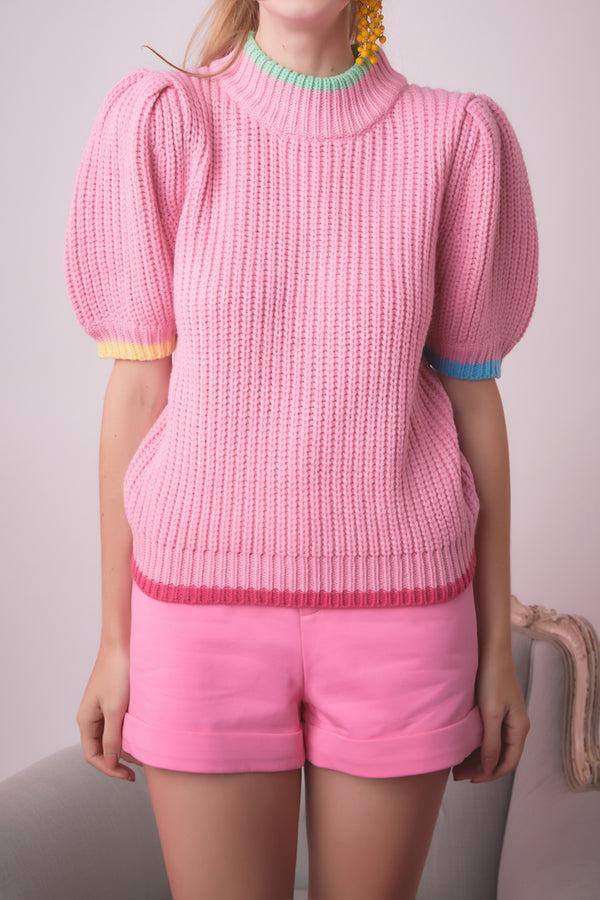 English Factory Color Contrast Puff Sleeve Sweater PINK MULTI