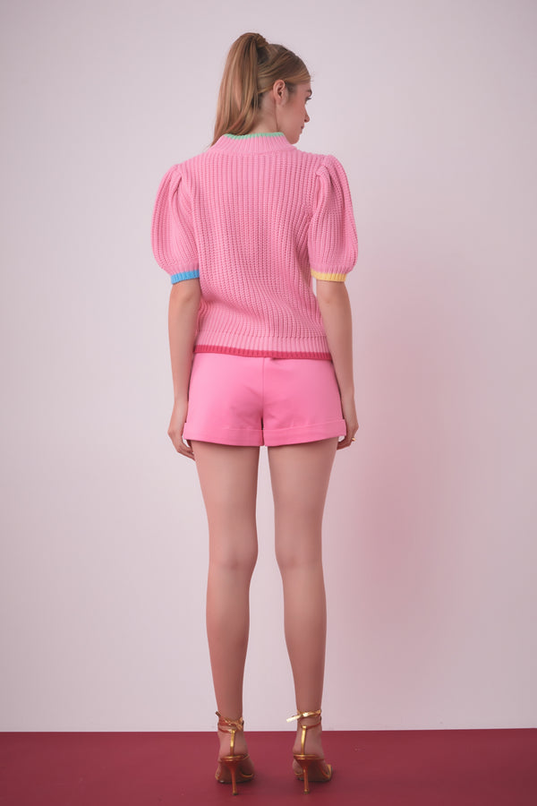 English Factory Color Contrast Puff Sleeve Sweater PINK MULTI