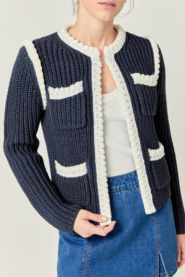 English Factory Colorblock Braided Cardigan NAVY/WHITE