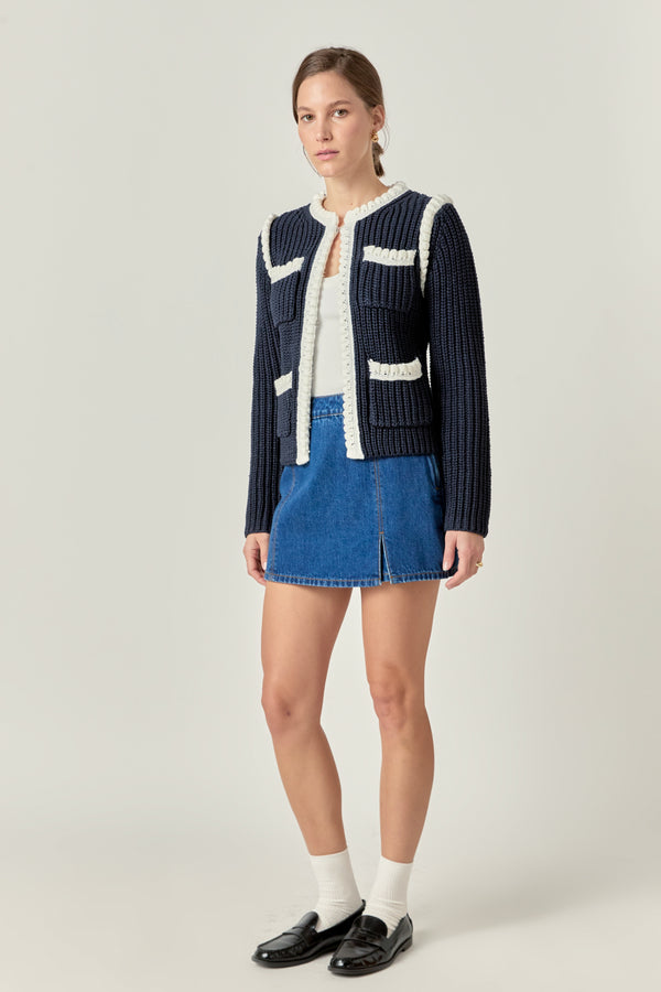 English Factory Colorblock Braided Cardigan NAVY/WHITE