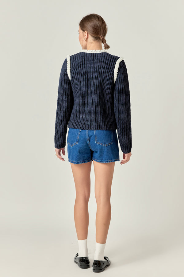 English Factory Colorblock Braided Cardigan NAVY/WHITE