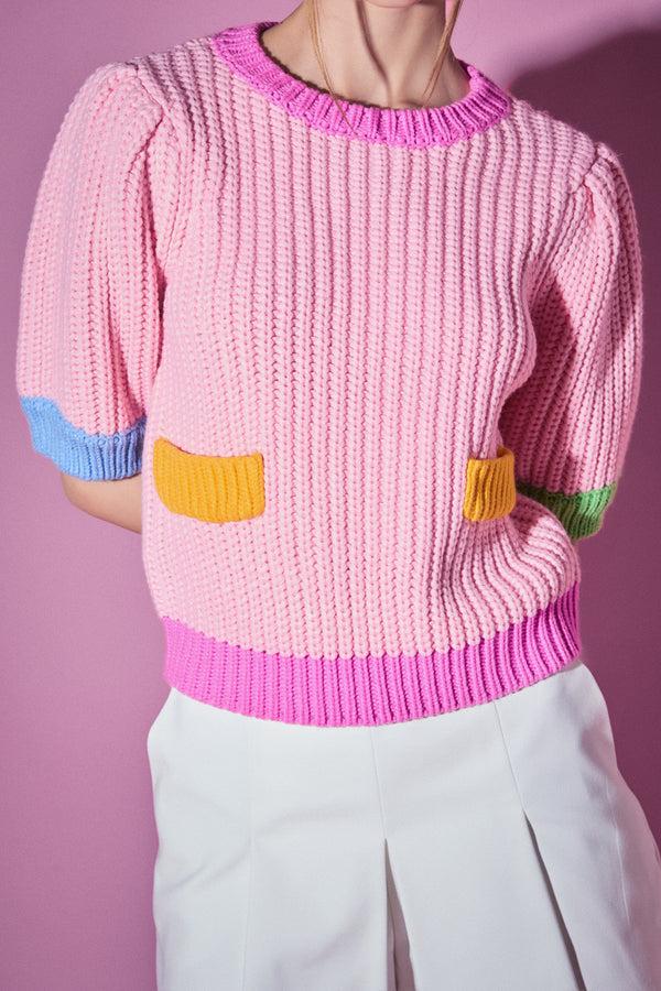 English Factory Colorblock Puff Sleeve Knit PINK MULTI