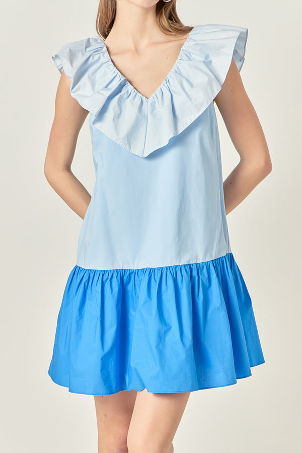 English Factory Colorblock Ruffled Shift Dress BLUE