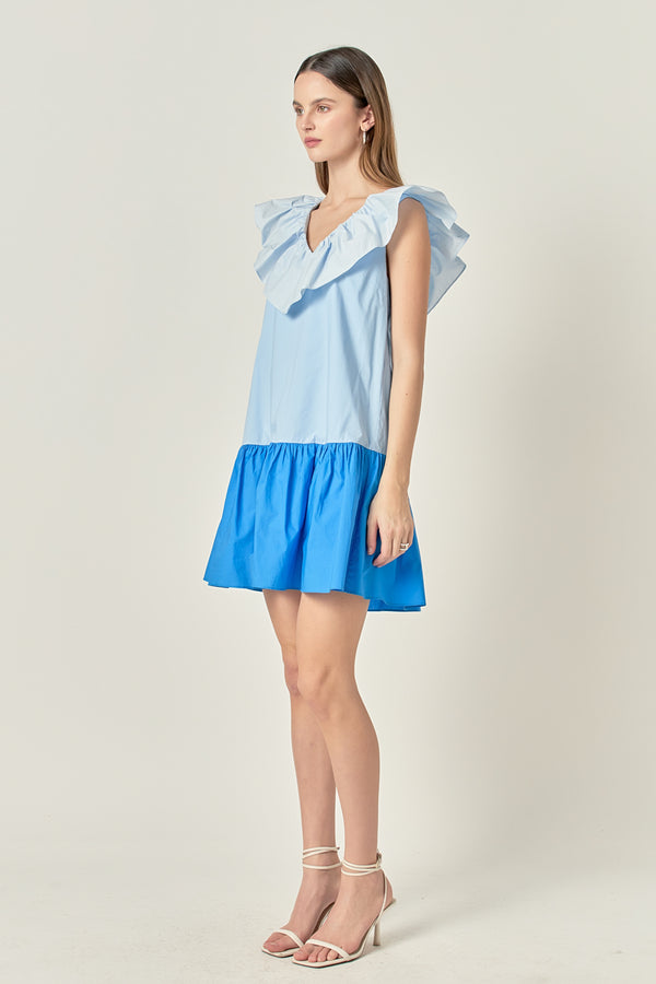 English Factory Colorblock Ruffled Shift Dress BLUE