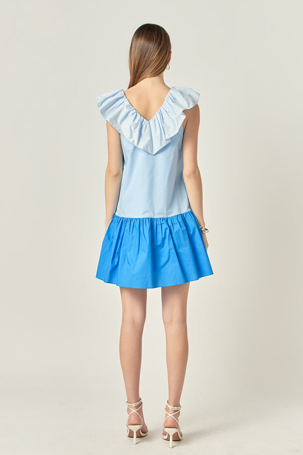 English Factory Colorblock Ruffled Shift Dress BLUE