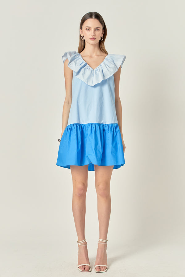 english factory Colorblock Ruffled Shift Dress BLUE