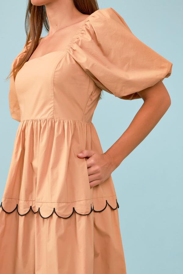 English Factory Colorblock Scallop Midi Dress TAN/BLACK