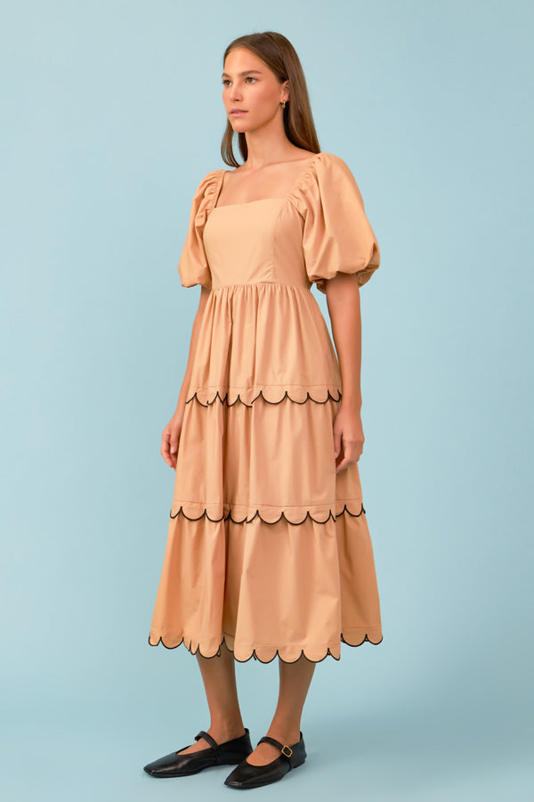 English Factory Colorblock Scallop Midi Dress TAN/BLACK