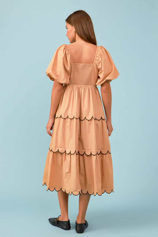 English Factory Colorblock Scallop Midi Dress TAN/BLACK