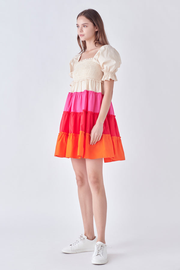 English Factory Colorblock Smocked Puff Sleeve Mini Dress MULTI