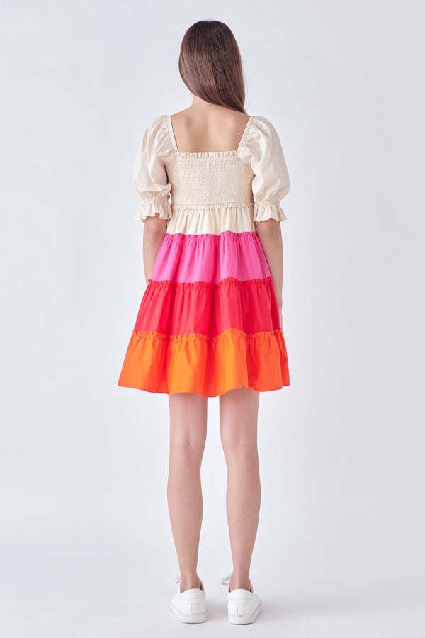 English Factory Colorblock Smocked Puff Sleeve Mini Dress MULTI