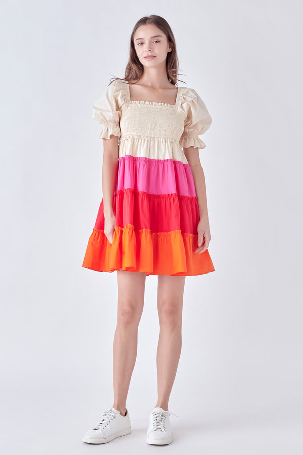 english factory Colorblock Smocked Puff Sleeve Mini Dress MULTI