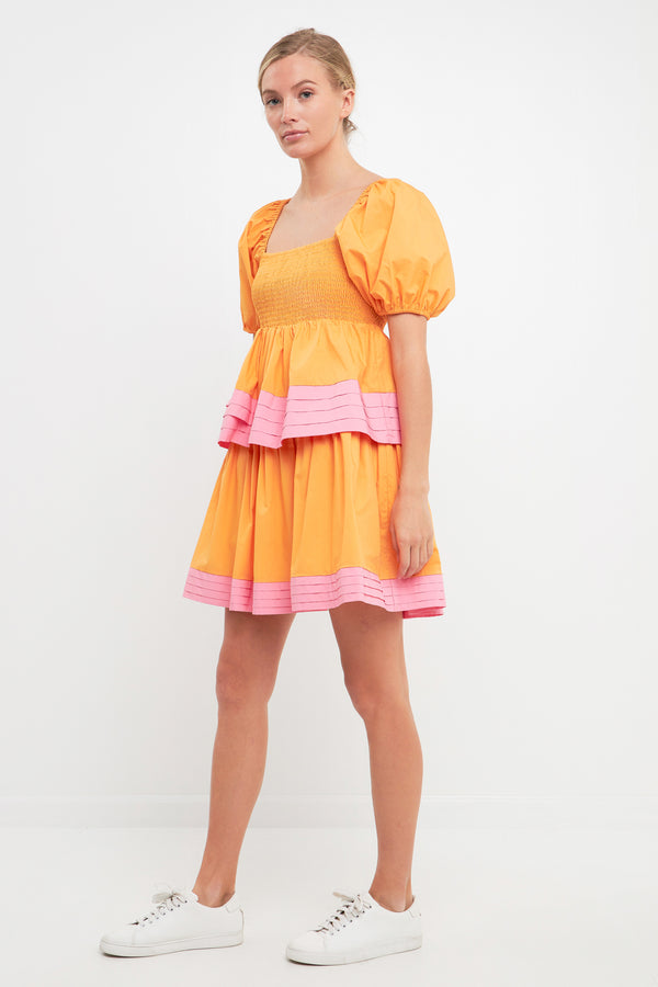 English Factory Colorblock Smocked Tiered Mini Dress BLUE MULTI