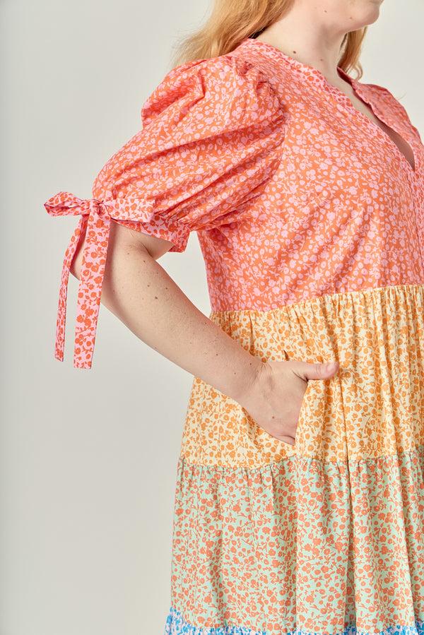 English Factory Colorblock Tiered Floral Midi Dress MULTI