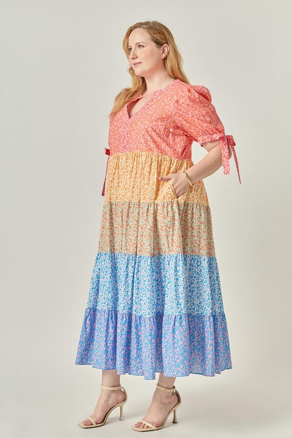 English Factory Colorblock Tiered Floral Midi Dress MULTI