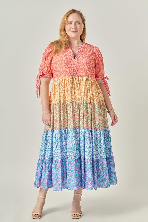 english factory Colorblock Tiered Floral Midi Dress MULTI