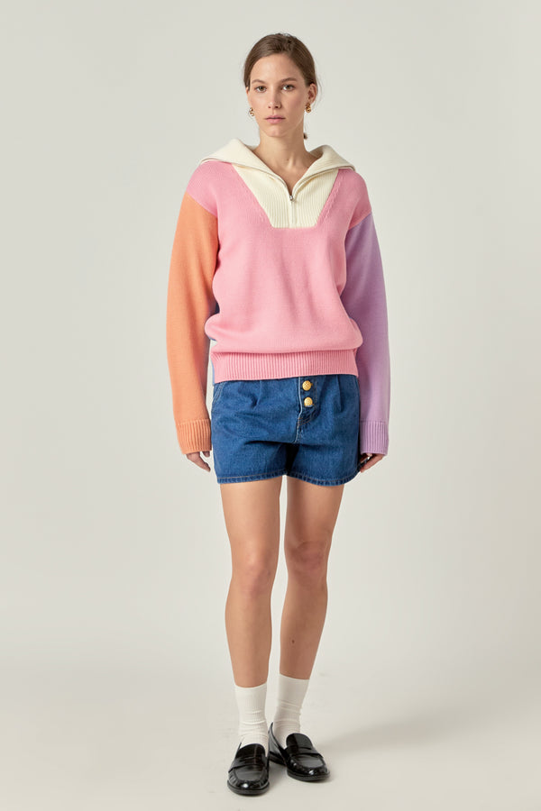 english factory Colorblock Zip Pullover Sweater MULTI