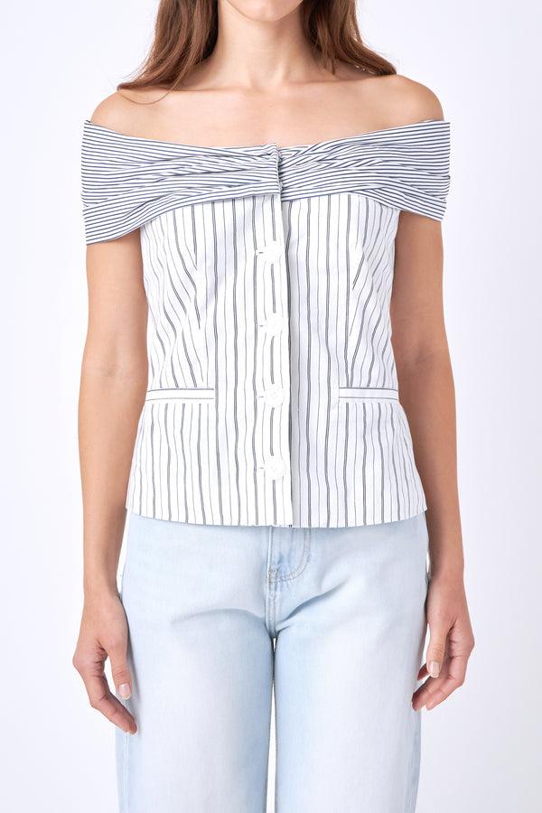 English Factory Combination Stripe Off Shoulder Top WHITE/NAVY