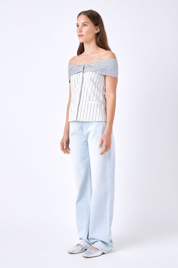 English Factory Combination Stripe Off Shoulder Top WHITE/NAVY